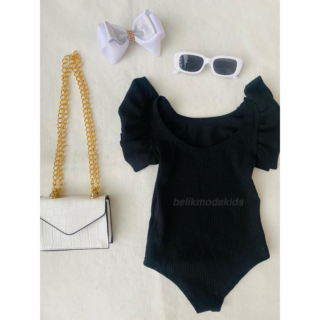 Body Canelado Manga Curta Babado Infantil Preto Branco Vermelho Menina Anarruga Bori Bory Blogueirinhas Bore Verão