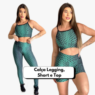 Promoção Conjunto Fitness Feminino 3 Peças (Top ,short meia coxa e calça Legging)