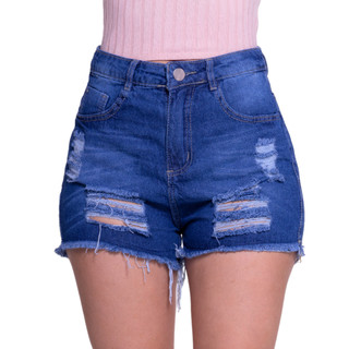 Short Jeans Feminino Cintura Alta Barra Desfiada Destroyed