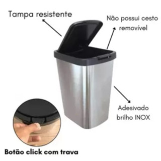 Lixeira Cesto Inox Metalizado adesivo 09 Litros Com Tampa Click Label Banheiro Cozinha Escritório Quarto Quadrada Resistente