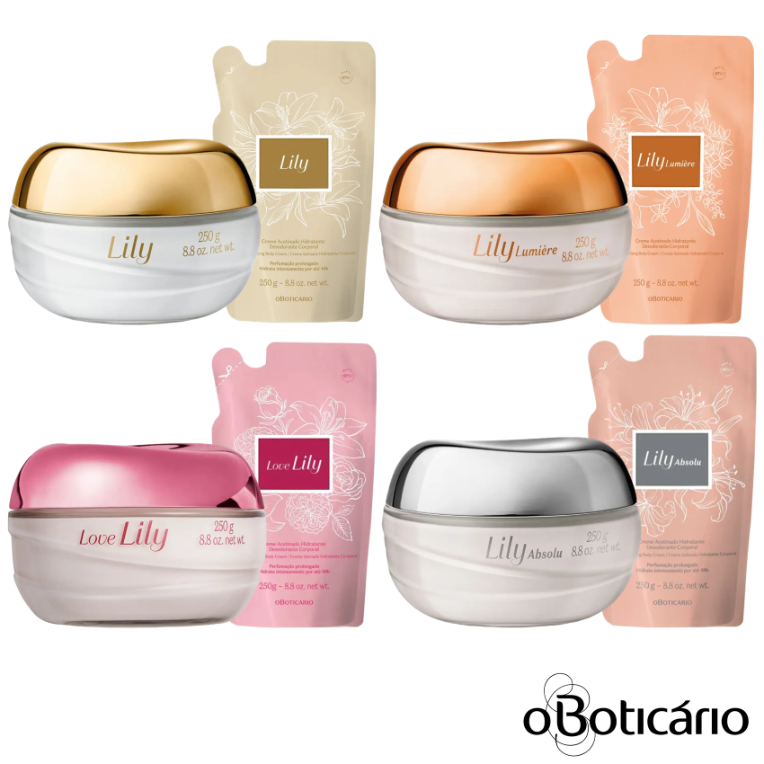 Creme Acetinado Hidratante Corporal Lily (o Boticário) - 250g: Lumière, Clássico, Gardénia, Love Ou Absolu — R$ 98,90 em Shopee