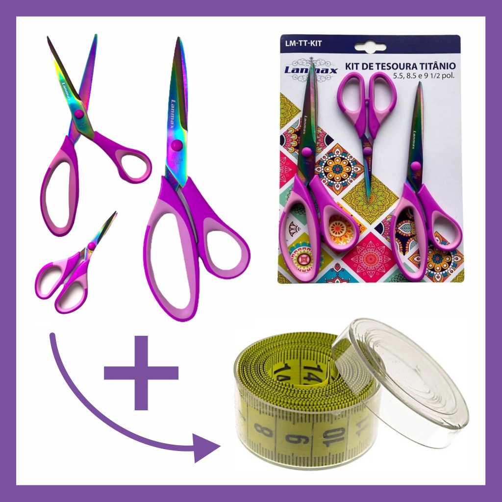Kit Tesouras Titânio Lanmax + Fita Métrica 150cm  para Artesanato e Projetos Criativos Diversos