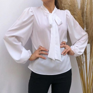 Camisa Manga Longa Estilo Gravata Pricesa Duna Crepe Várias Cores