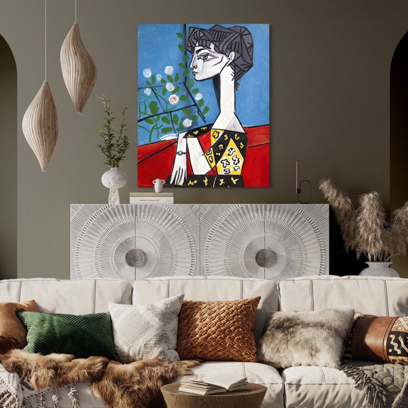 Quadro decorativo Jacqueline com flores Pablo Picasso - obras de artes em tela acetinada