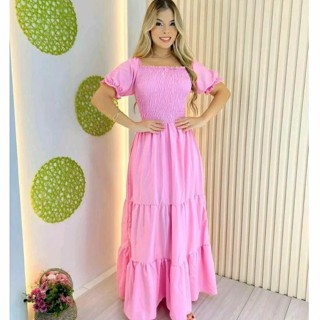 Vestido longo manga bufante ciganinha moda evangélica princesa casamento festas 55