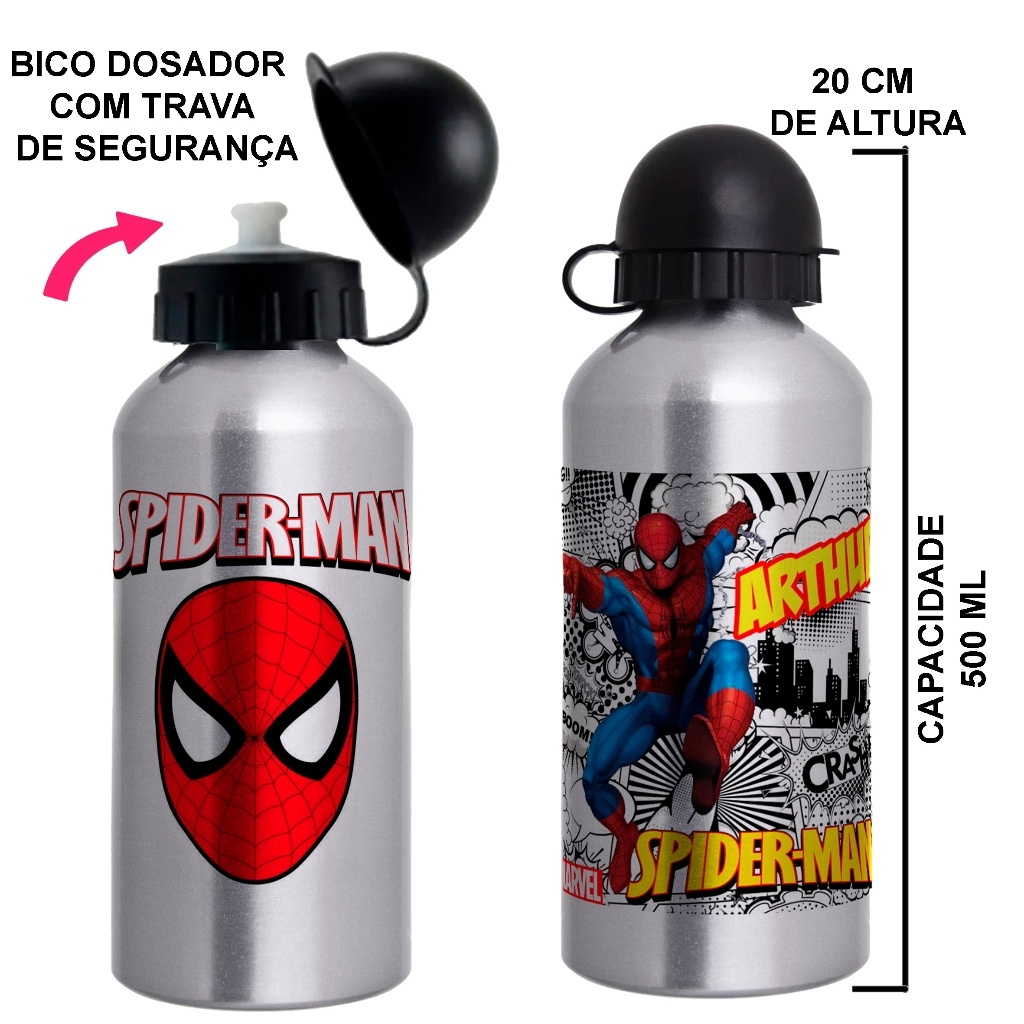 Garrafa de agua squeeze de alumínio 500ml Homem Aranha - personalizada com nome