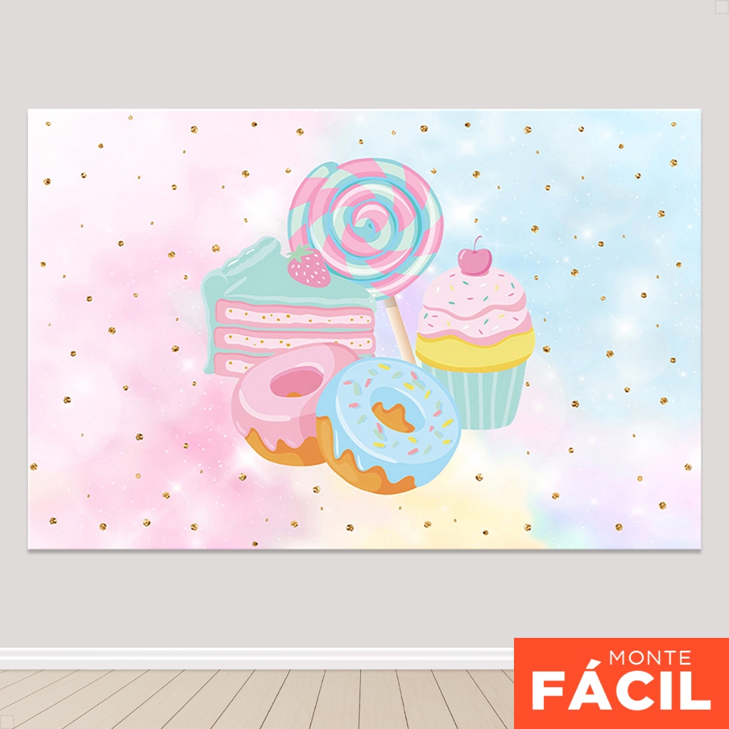 Painel De Festa Retangular Doces Horizontal Sublimado 3D Em Tecido Monte fácil em Oferta na Shopee