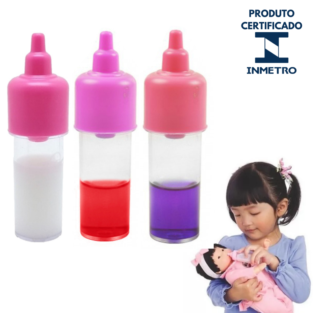 Kit 3 Mamadeiras Magica Brinquedo Leite Boneca Suco Uva Morango Bebe Reborn Boneco