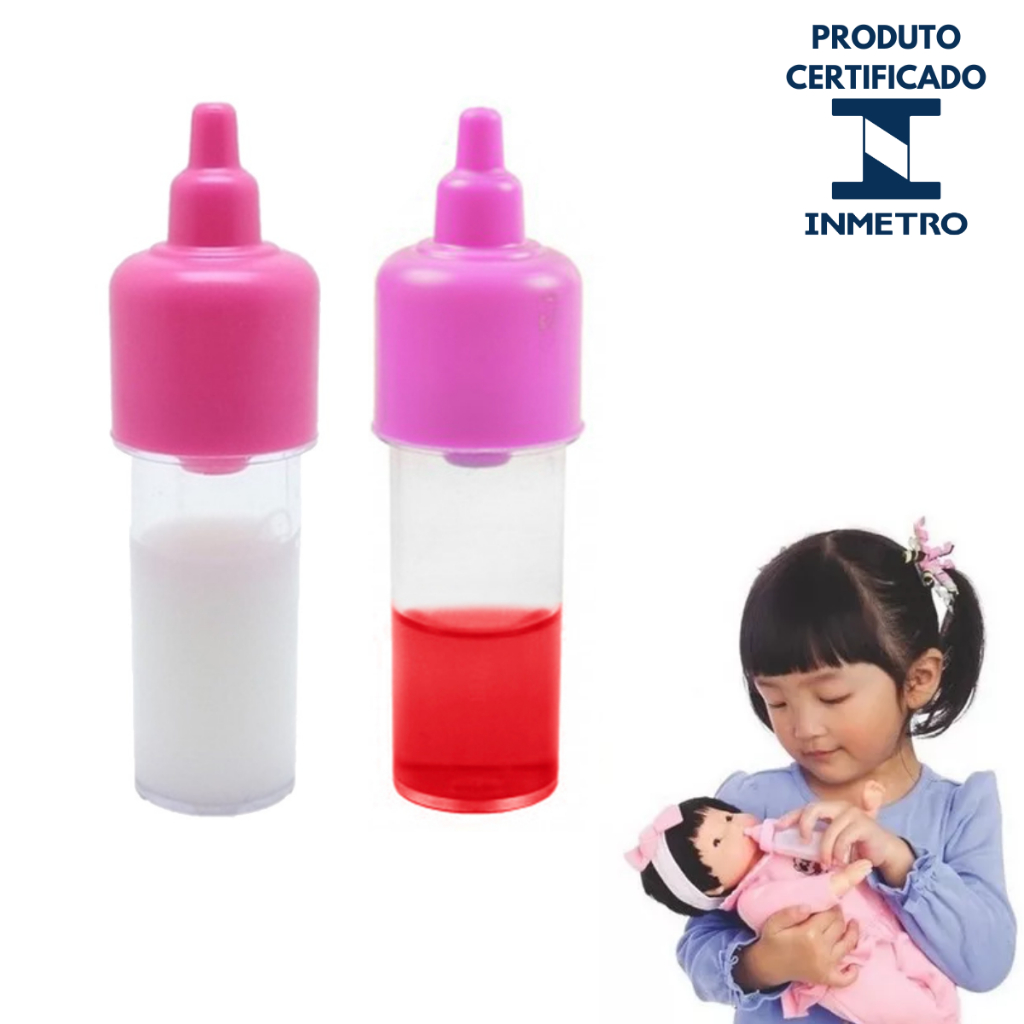 Kit 2 Mamadeiras Magica Brinquedo Leite Boneca Suco Morango Bebe Reborn Boneco