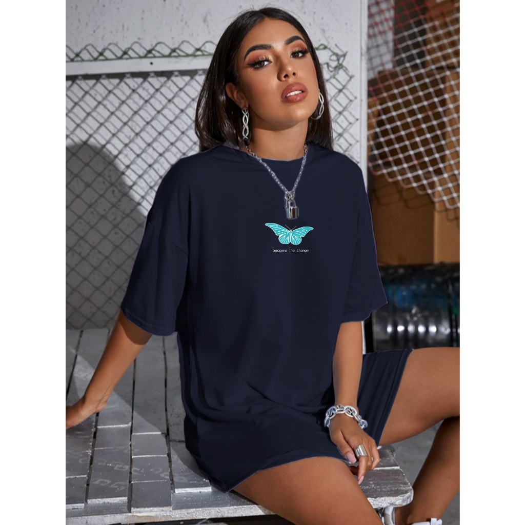 Camiseta Cor Azul Marinho Oversized Feminina Estampada Aesthetic Become The Change Blusa Unissex Tu