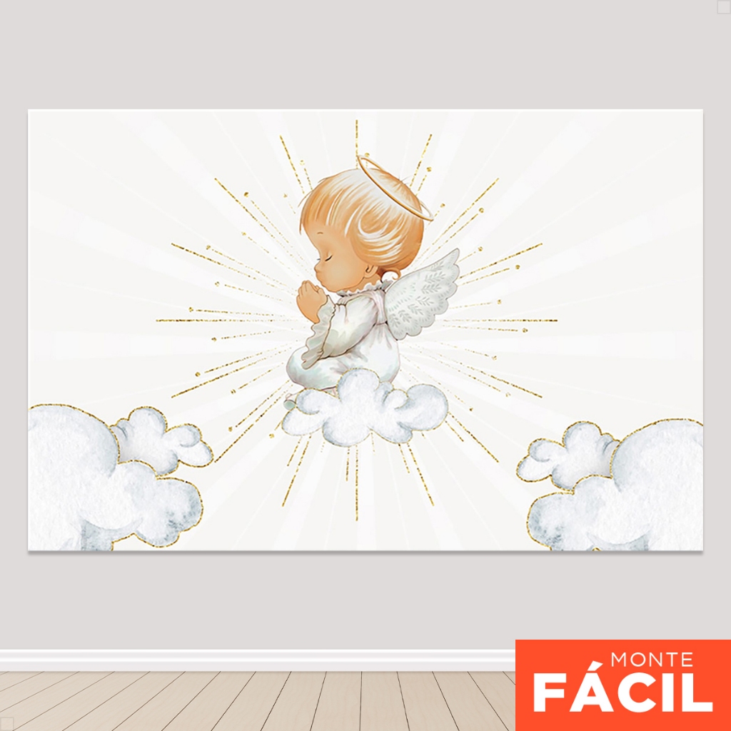 Painel de Festa Batizado Anjinho Retangular Horizontal Decoração Sublimado Em Tecido em Oferta na Shopee