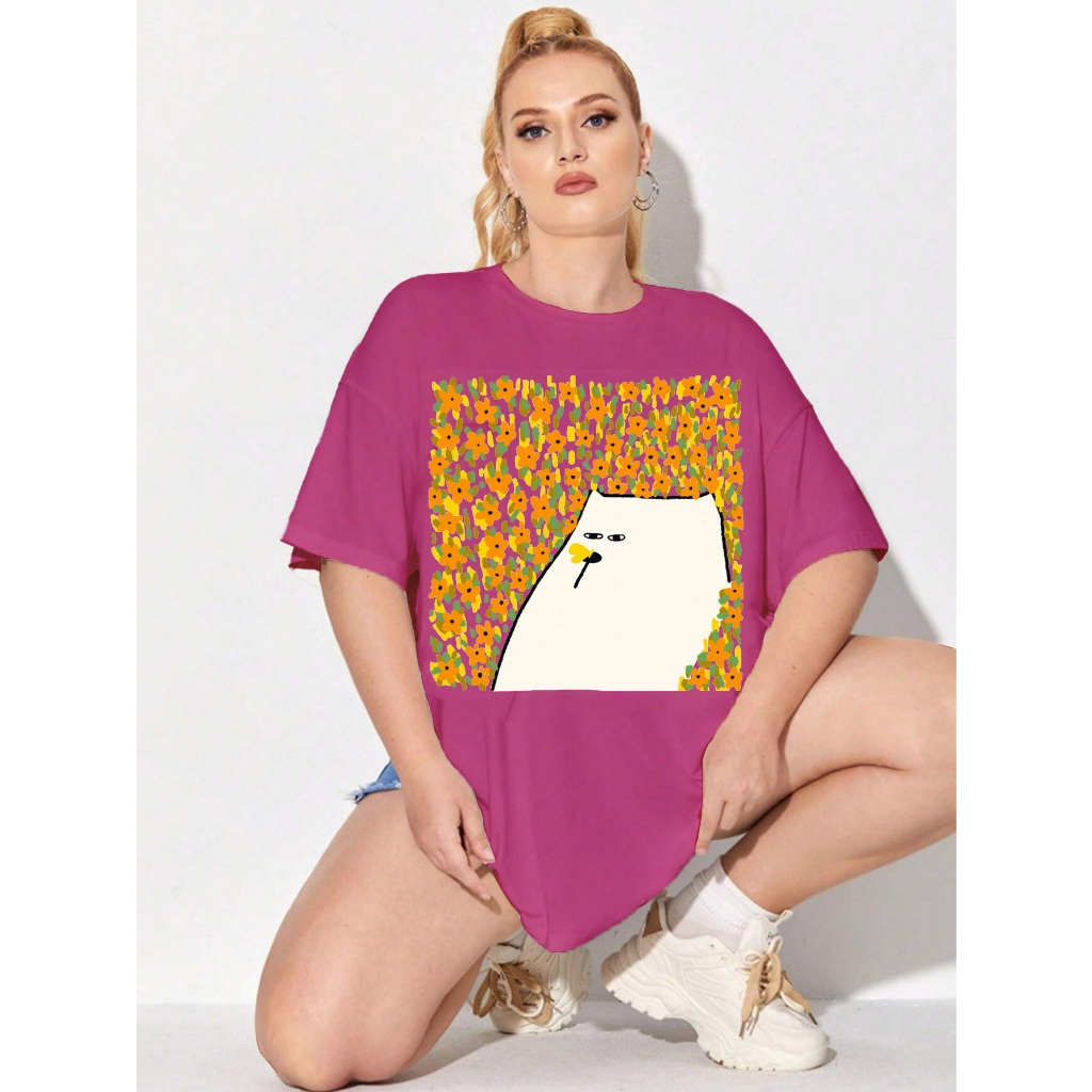 Camiseta Rosa Pink Oversized Feminina Desenho Jardim Flores Bicho Do Mato Colorida Manga Curta Estilo