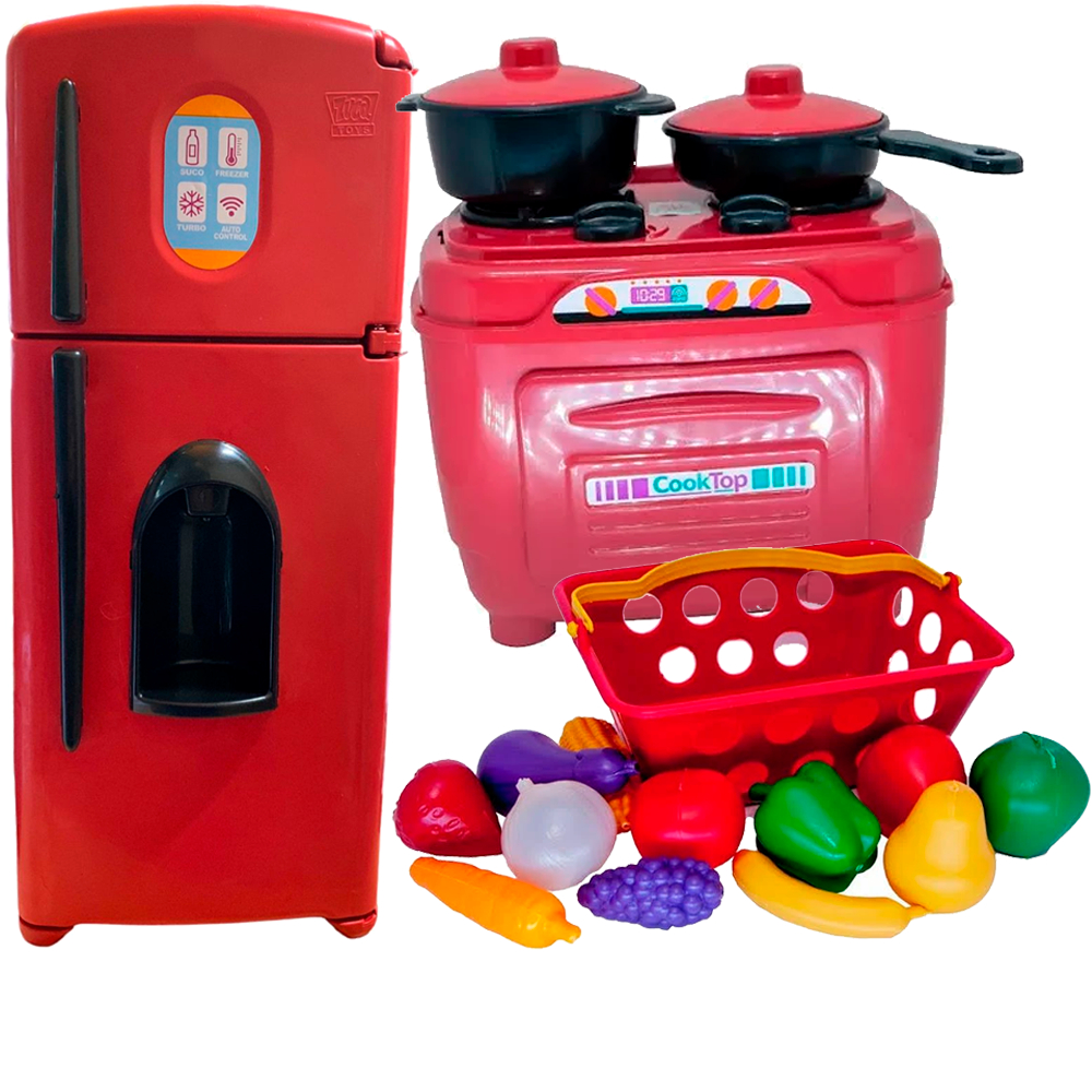 BRINQUEDO FAZ DE CONTAS  INFANTILGELADEIRA E FOGÃO COM PANELA E CESTINHA DE MERCADO ZUCA TOYS