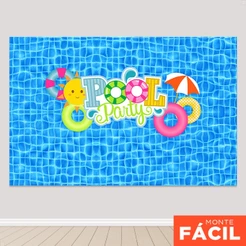 Painel de Festa Pool Party Piscina Retangular Horizontal Sublimado 3D Em Tecido Sublimado