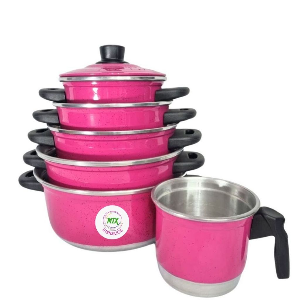 Jogo de Panelas Rosa pink  de Alumínio 5 Peças + Fervedor Caneco n 12 (Jogo de Panela, Conjunto de Panelas, Kit panelas)