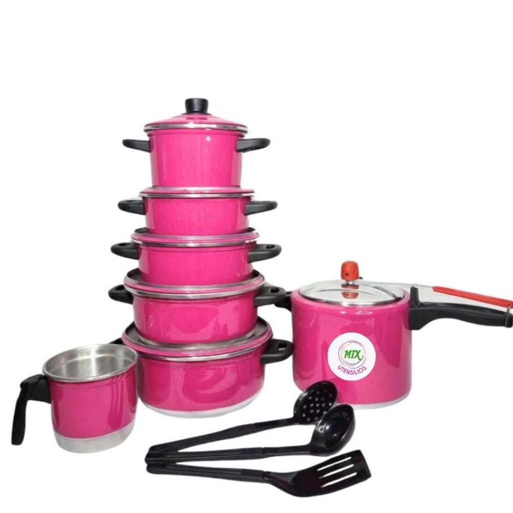 Conjunto Jogo de Panelas Rosa Pink 5 Peças + Fervedor N°12 + Panela de Pressão 4,5 Litros.