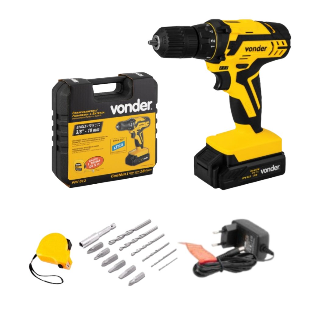 Furadeira e Parafusadeira à Bateria 12V BIVOLT PFV 012 com Kit Brocas, Bits e Trena VONDER