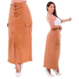 Saia longa jeans bolso cargo cintura alta sem lycra collor