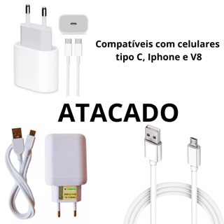 Kit com 10 Peças Carregador Celular Turbo V8 Micro USB Tipo C e IOS