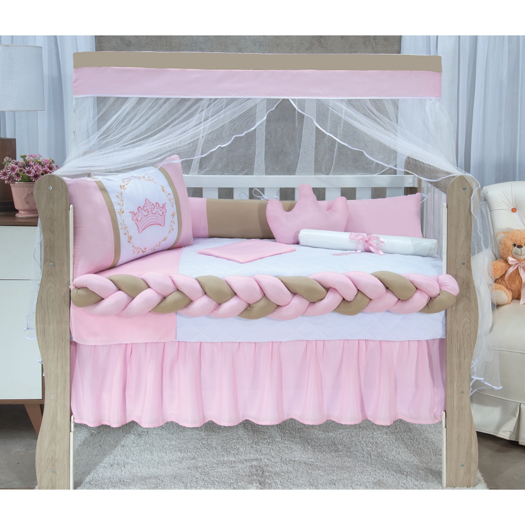 Kit Berço Americano Trança 11 Peças Coroa Caqui Rosa Para Bebê  Menino e Menina