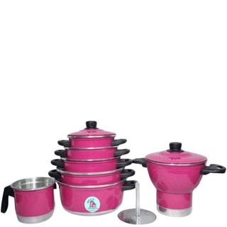 Jogo de Panelas Rosa 5 Peças + Fervedor de Leite de Agua  N12 + Cuscuzeira N18 Coloridos