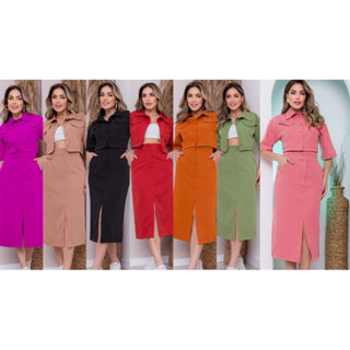 Conjunto de saia com fenda e blusa alfaiataria