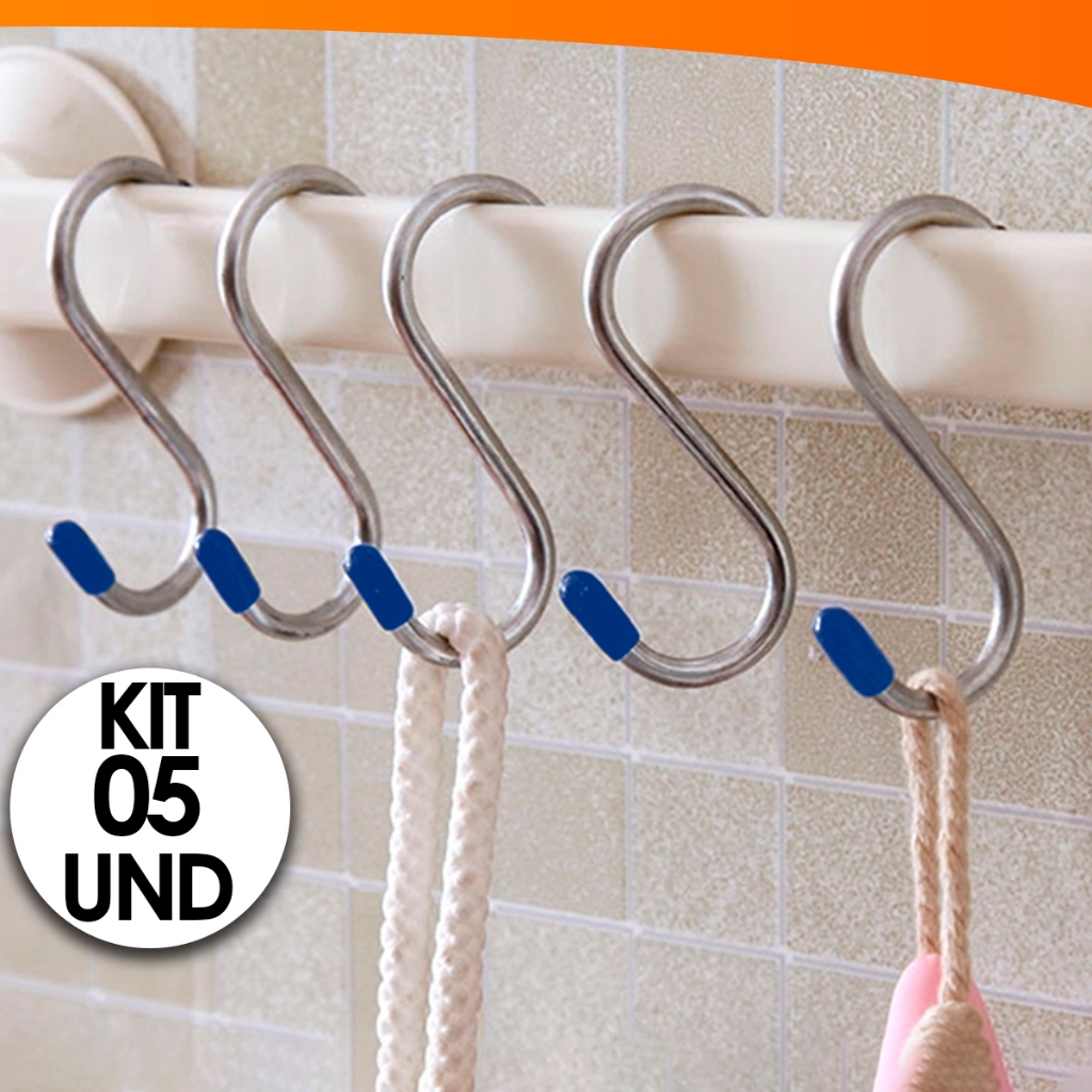 Kit Com 5 Ganchos Multiuso Em Formato S Organizador Banheiro Cozinha Quarto