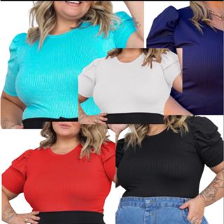 Kit 3 Blusa feminina plus size manga curta malha canelada blusinha plus manga princesa