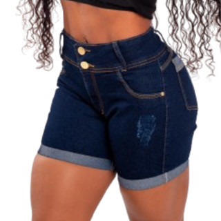 Short Jeans Feminino Meia Coxa Barra Dobrada Elastano Cintura Alta