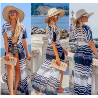 Saída de Praia Feminina Longa Tricô Listrada Zig Zag Elegante Manga Curta Moda Praia Faby Tricot em Oferta na Shopee