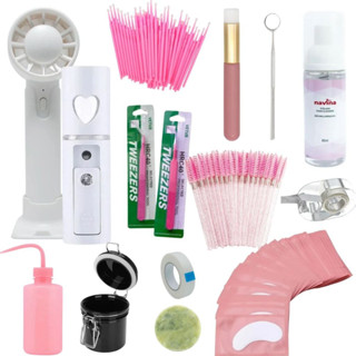Kit Completo Iniciante Treino Extensão e Alongamento Cílios Shampoo Navina Ventilador Nano Spray Pinça Vetus Pisseta Pump Porta Micropore