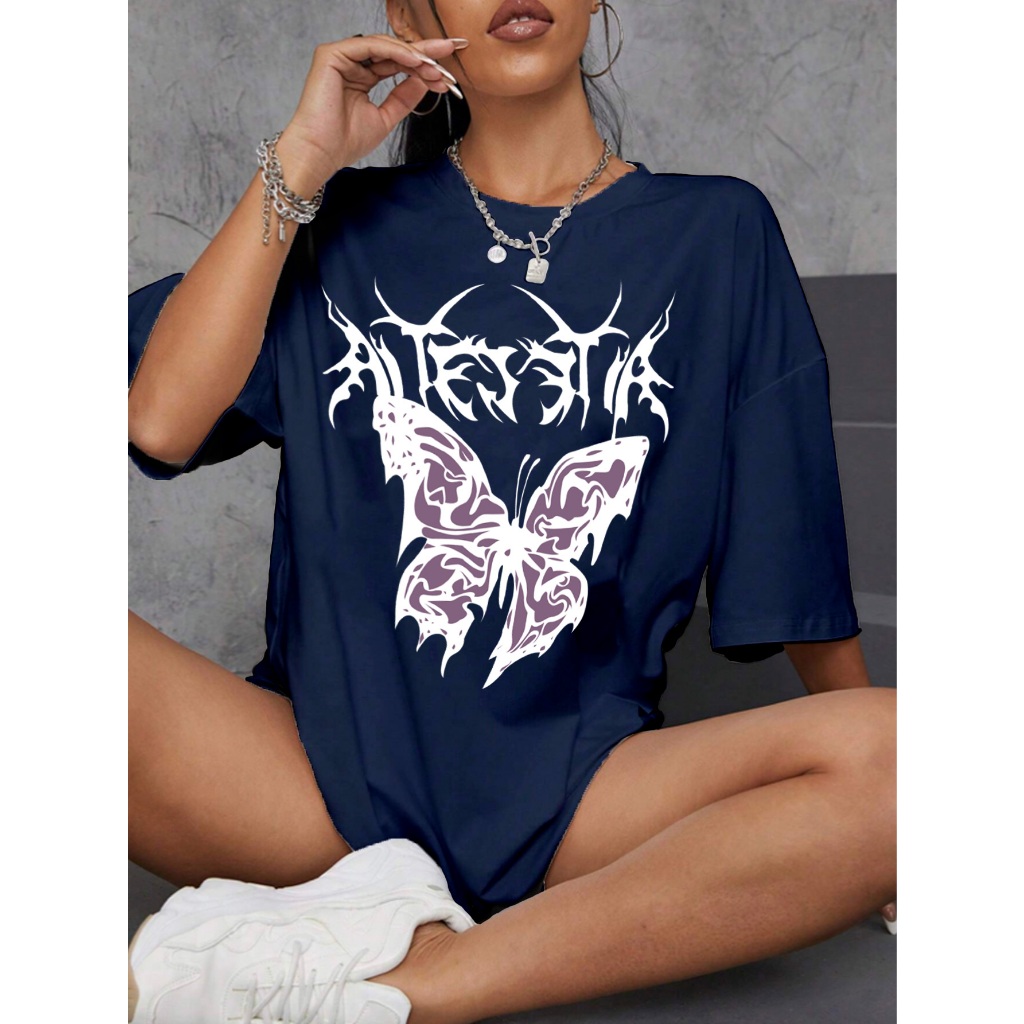 Camiseta Oversized Gola Redonda Tercido Leve Confortável Macio Estampada Borboleta Dark a Blusa Est