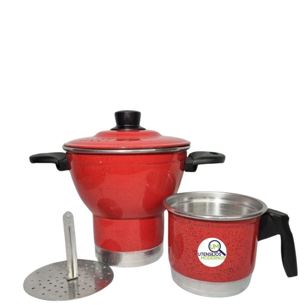 Cuscuzeiro Nordestino Alumínio Vermelho 4 Porções nº18 + Leiteira de leite nº12 1 Litro (Cuscuzeira, Cuzcuzeira)