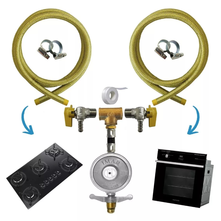 Kit Duplo Mangueiras Gás 3/8 Regulador 1 Kg Cooktop Forno
