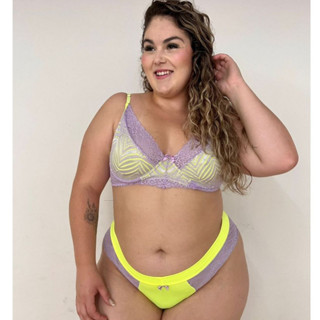 Conjunto Plus Size Sexy Cores Neon Tamanho 48 ao 54 Calcinha e Sutiã Pluz Size com Aro Renda Sensual Microfibra Moda Verão