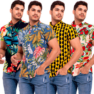 Camiseta Masculina De Botão Em Viscose Florida Estampada Praia Carnaval