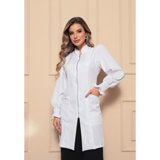 Jaleco Feminino Luxo Zíper Manga Bufante C/ Elastano Gabardine Sofie Branco