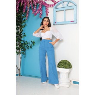 Calça Feminina Pantalona Linho Casual Alfaiataria Social Botões Perna Larga Wide Leg Flare Cintura Alta Ocasional Tendência