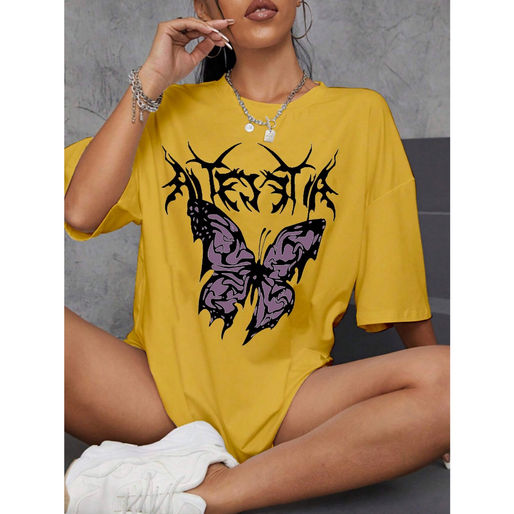 Camiseta Oversized Gola Redonda Tercido Leve Confortável Macio Estampada Borboleta Dark Blusa Estil