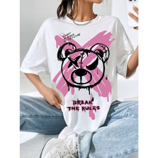 T-shirt Oversized Feminina Estampada Desenho Urso Escrita Frase Break The Rules Estilo Rua Streetwear Delicado Tecido Leve Coleção Colorido Swag Urban
