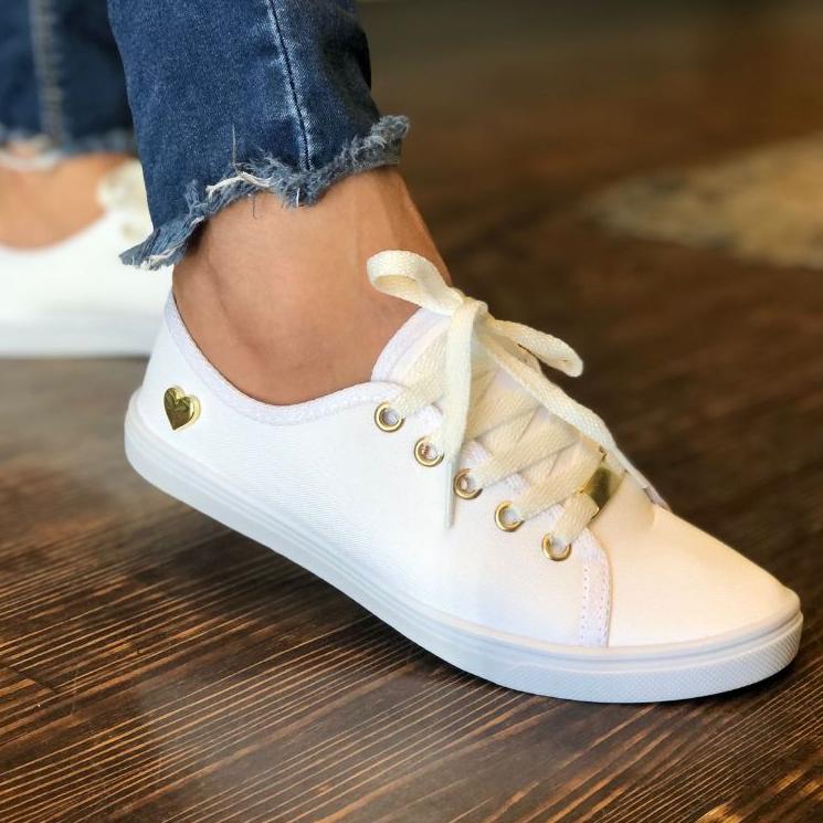 Tênis Feminino Branco Casual Leve Confortável Ping Coração