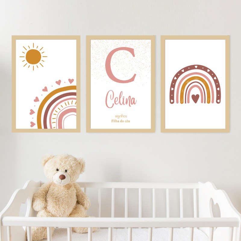 Kit 3 Quadros Decorativos Infantil Personalizado Nome Bebê Para Quarto Ou Porta Maternidade Arco-íris Boho