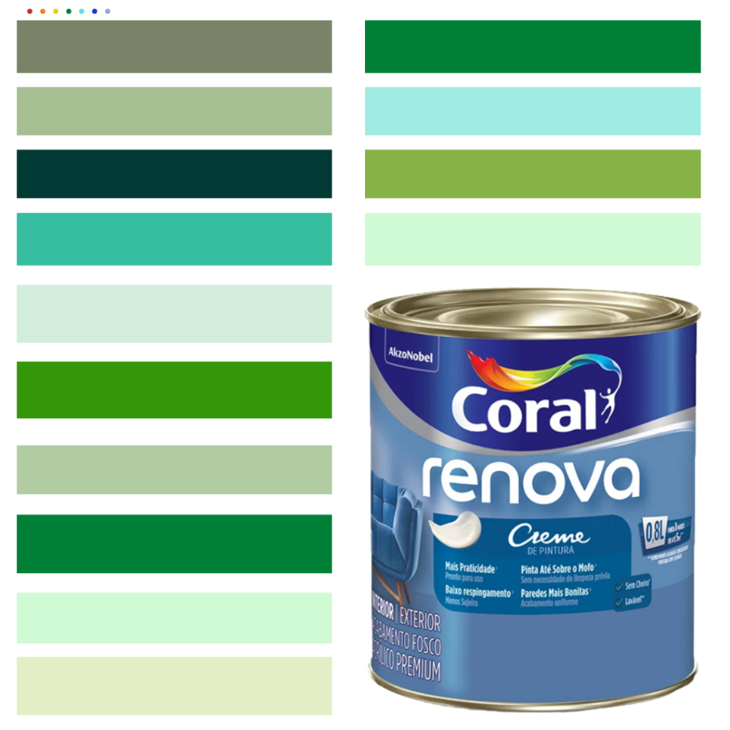 Tinta Verde Parede Acrílica Coral Renova 800ml Premium Cor Verde Limão/Cor Verde Mar/Cor Verde Folha