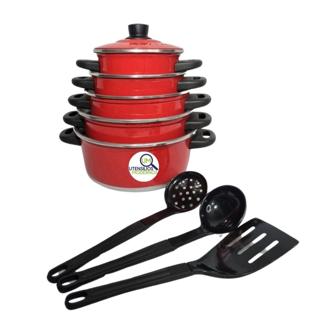 Conjunto de Panelas Aluminio Vermelho 5 pçs + Kit Espatula Aluminio Amj Jogo de Panela, Jogos de Panelas Kit de Panelas,