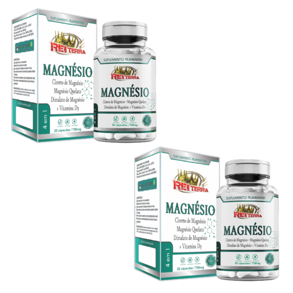 2x Magnésio 4 em 1 Cloreto de Magnésio Magnésio Quelato Magnésio Dimalato Vitamina D3 + 60cps 750mg