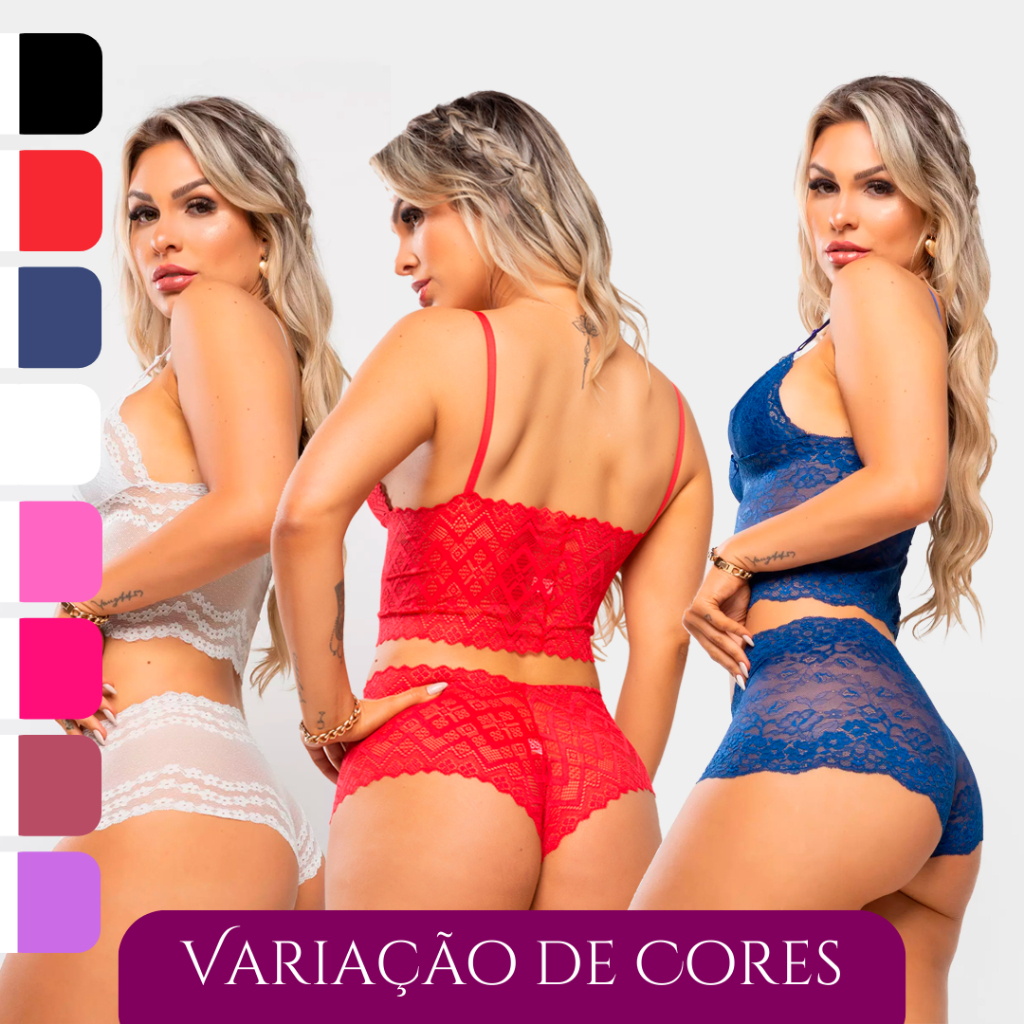 Kit 5 Conjunto Feminino Conjunto Lingerie Renda Sutiã sem Bojo Top Cropedd Short Caleçon Lingerie