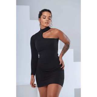 Vestido Curto Canelado Manga Longa Premium Vazado com Gola
