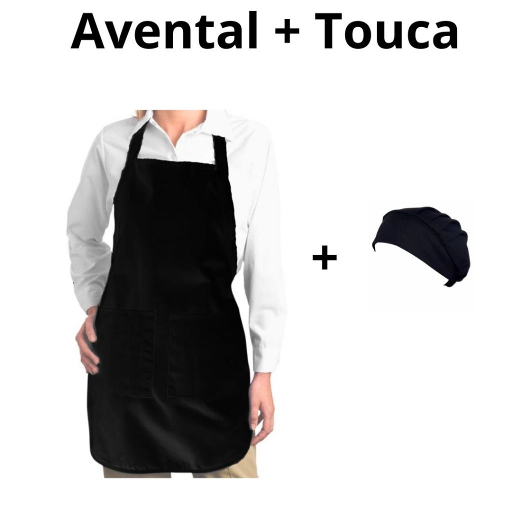 Conjunto  kit Avental 2 Bolsos + Touca De Cozinha PRETO, MARROM OU BRANCO masculino feminino unisex cozinha hamburgueria chef PROMOÇÃO