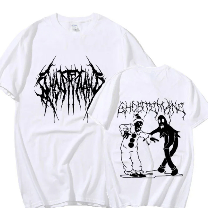 Camiseta Oversized Estampa Escrita Metálica Com Palhaço E Fantasma