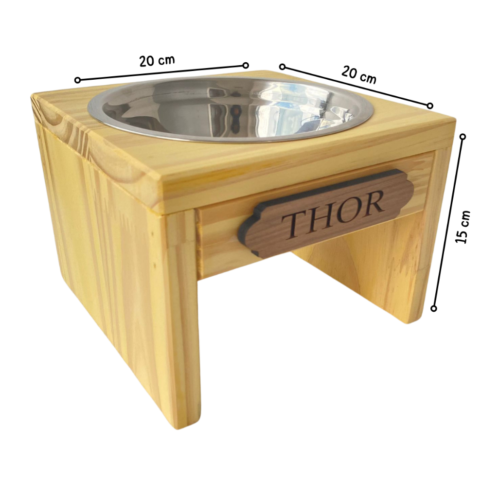 Comedouro Unico Elevado para Pet de Madeira e Inox